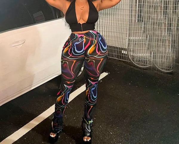 Women Sexy Fashion Black Rainbow Print Mesh Pants