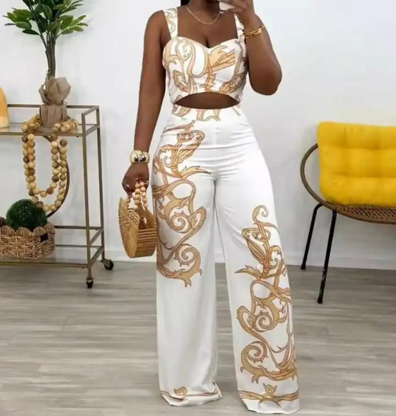 Women Fashion Sleeveless White Color Print Two Piece Pant Set
