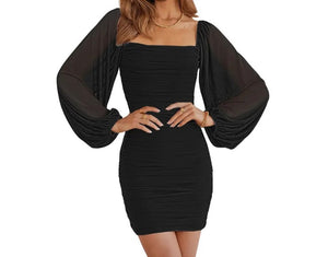 Women Sexy Solid Color Mesh Full Sleeve Ruched Dress