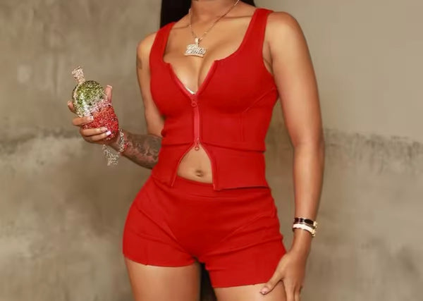 Women Sexy Sleeveless Double Zipper Two Piece Short Set