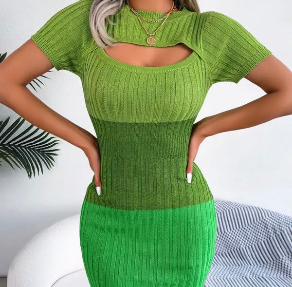 Women Sexy Cut Out Short Sleeve Gradient Ribbed Dress