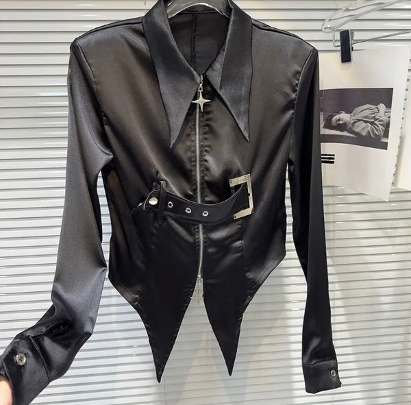 Women Fashion Collar Zip Up Buckled Full Sleeve Top