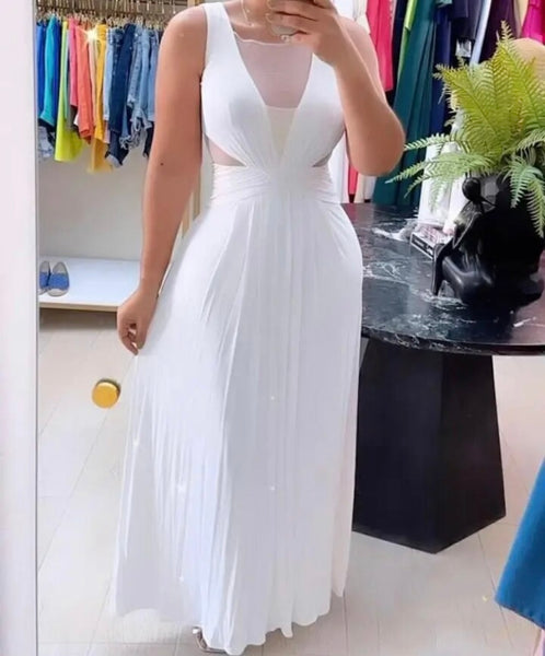 Women Sexy Solid Color Mesh Patchwork Sleeveless Maxi Dress