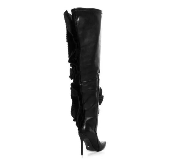 Women Fashion Faux Leather Black Flower Knee High Boots