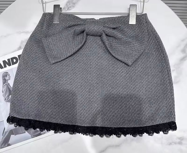 Women Sexy Sleeveless Lace Tweed Bow Two Piece Skirt Set
