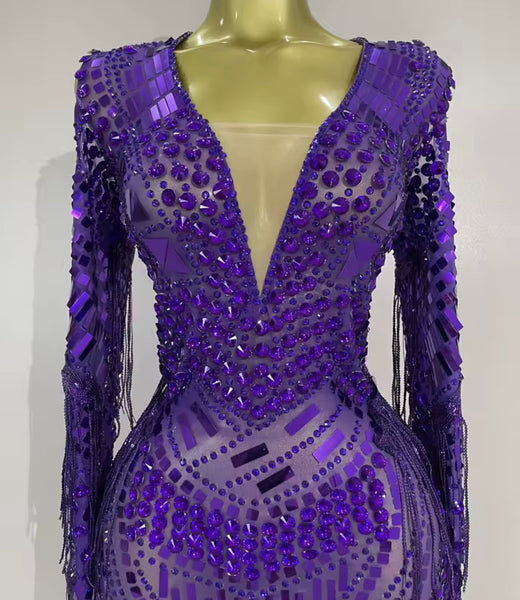 Women Sexy Crystal Mirror Mesh Full Sleeve Tassel Dress