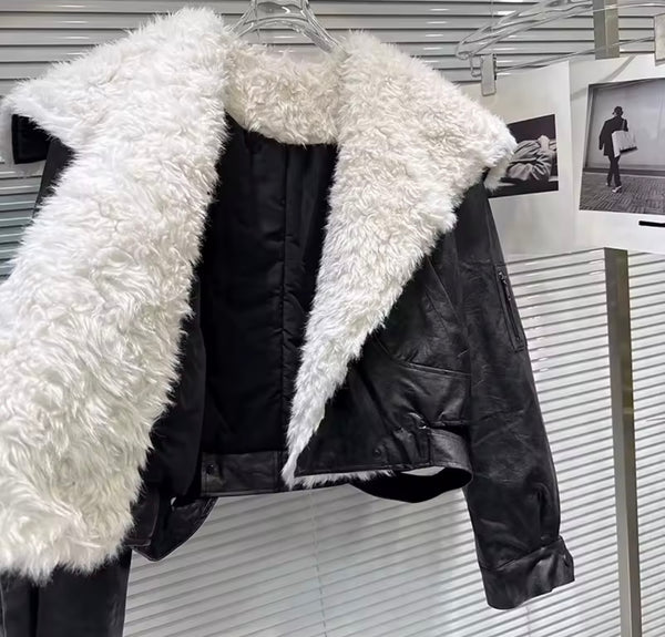 Women Fashion Color Faux Fur Leather Jacket