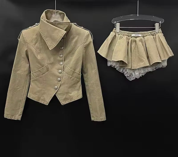 Women Collar Button Up Denim Jacket Two Piece Pleated Skirt Set