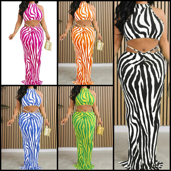 Women Sexy Striped Sleeveless Two Piece Maxi Skirt Set