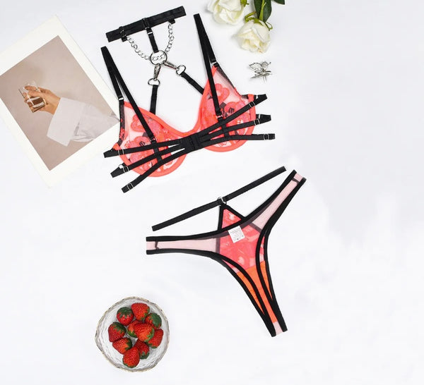 Women Sexy Choker Chain Color Patchwork Lace Lingerie Set