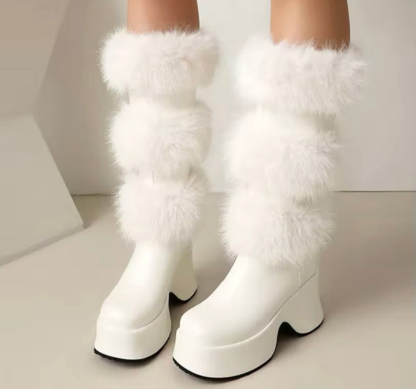 Women Fashion Platform Fur Patchwork Knee High Boots