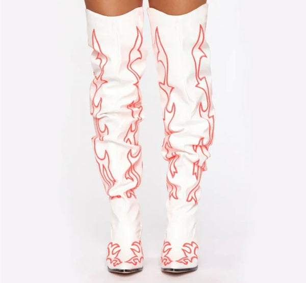 Women Fashion White Printed Knee High Western Boots