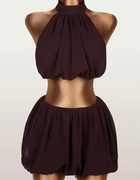 Women Sexy Brown Halter Open Back Sleeveless Two Piece Skirt Set