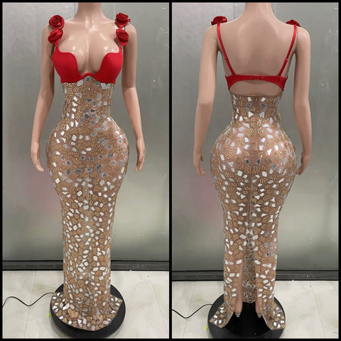 Women Sexy Sleeveless Red Mirror Rhinestone Maxi Dress