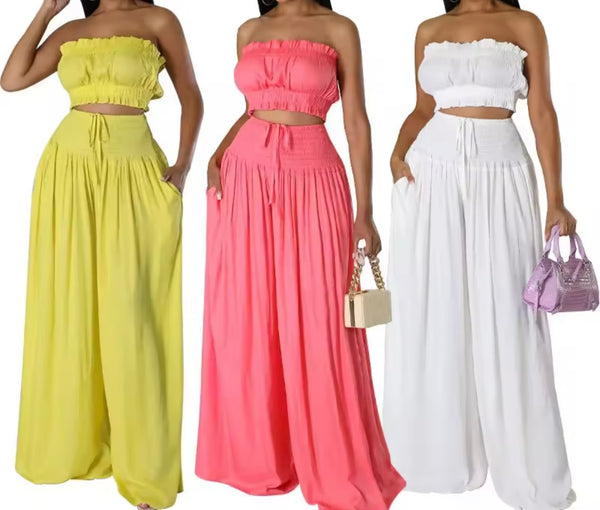Women Ruffled Strapless Tube Top Two Piece Wide Leg Pant Set