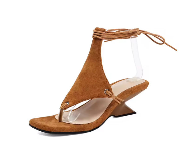 Women Fashion Suede Lace Up Wedge Heel Sandals