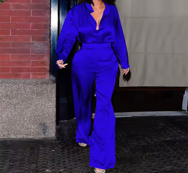 Women Color Satin Full Sleeve Two Piece Fashion Pant Set