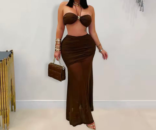 Women Sexy Halter Strapless Ruched Mesh Two Piece Maxi Skirt Set