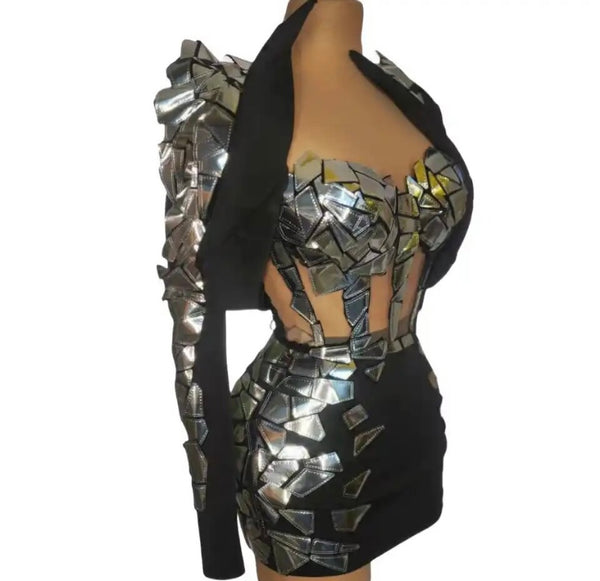 Women Sexy Metallic Color Patchwork Strapless Dress Jacket Set