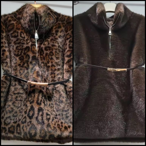 Women Fashion Faux Fur Belted Shawl Vest Pullover