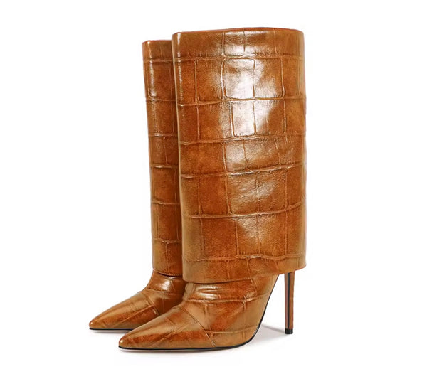 Women Pointed Toe Faux Leather Fashion High Heel Boots