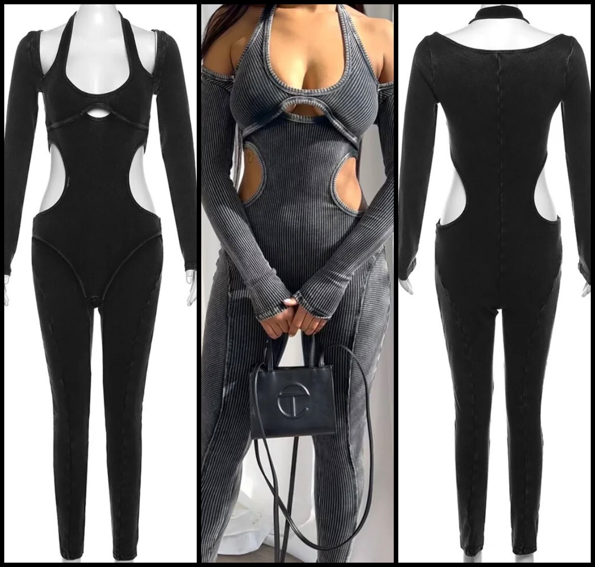 Women Ribbed Halter Full Sleeve Cut Out Fashion Jumpsuit