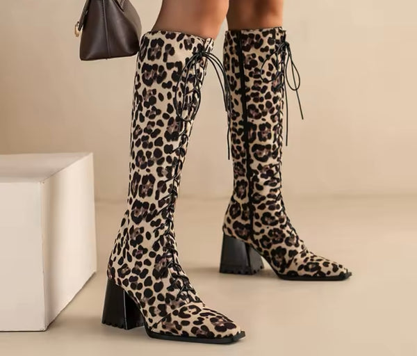 Women Fashion Pointed Toe Lace Up Knee High Boots