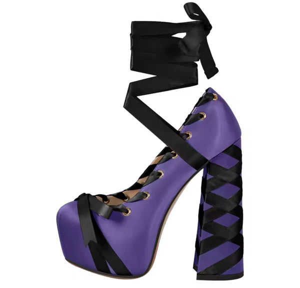 Women Color Lace Up Platform Fashion High Heels