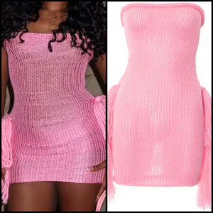 Women Pink Strapless Sexy Knitted Fringe Tassel Dress
