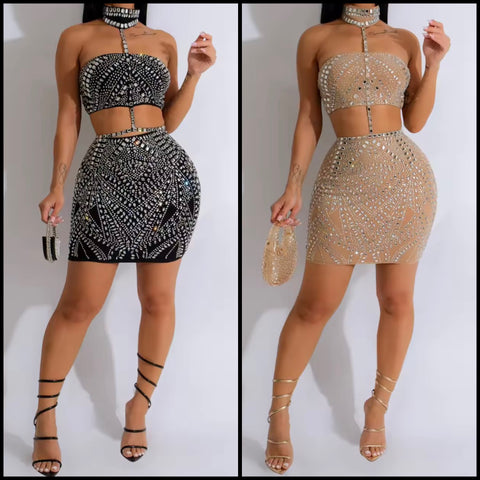 Women Sexy Choker Sleeveless Bling Mesh Two Piece Skirt Set