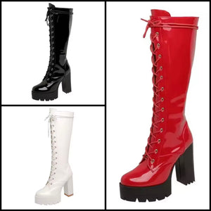 Women Fashion Patent Leather Lace Up Platform High Heel Boots