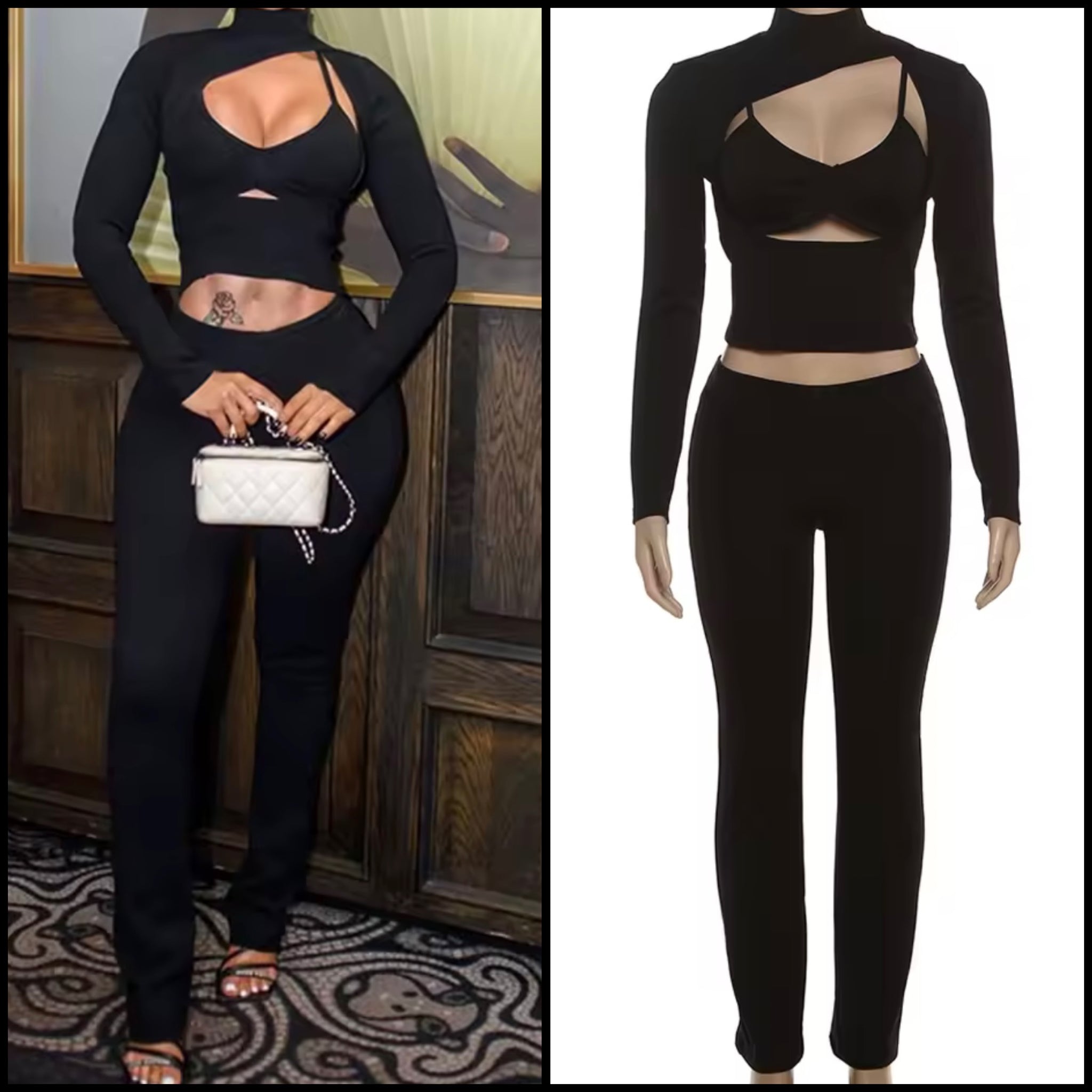 Women Black Turtleneck Cut Out Full Sleeve Three Piece Pant Set