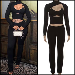 Women Black Turtleneck Cut Out Full Sleeve Three Piece Pant Set