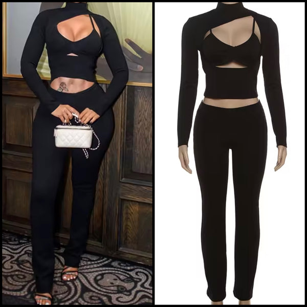 Women Black Turtleneck Cut Out Full Sleeve Three Piece Pant Set