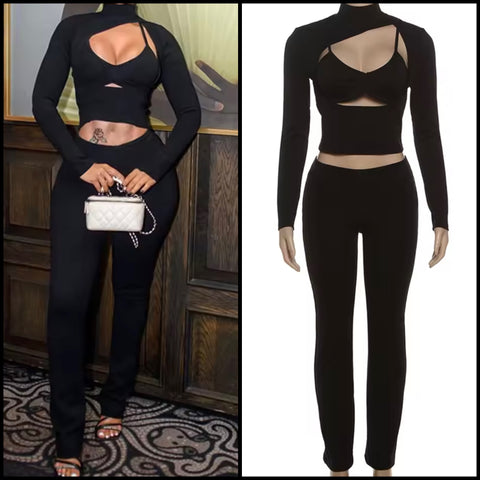 Women Black Turtleneck Cut Out Full Sleeve Three Piece Pant Set