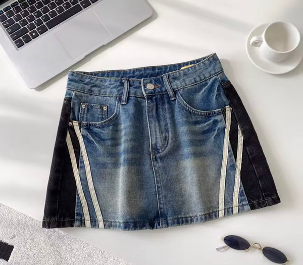 Women Fashion Striped Color Patchwork Denim Skirt