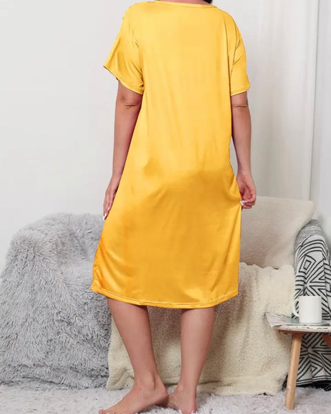 Women Yellow Letter Print Short Sleeve Nightgown