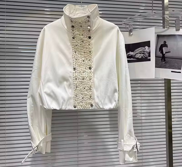 Women Fashion Pearl Bling Buckled Jacket