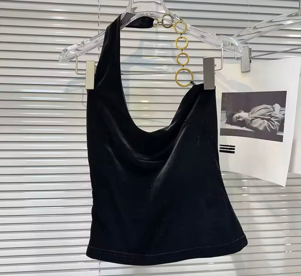 Women Sexy Black Velour Chain Halter Two Piece Skirt Set