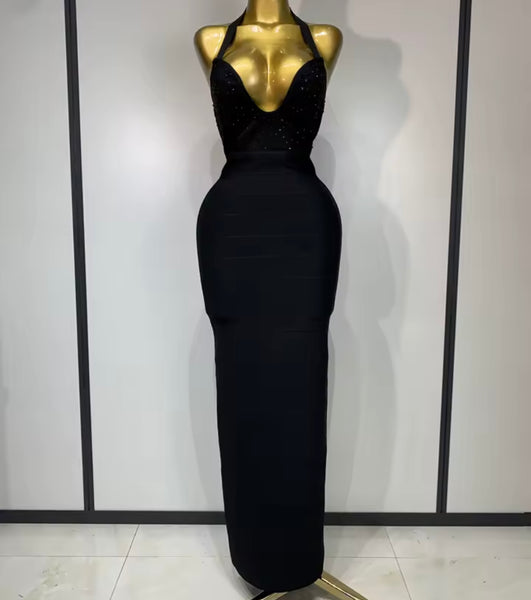Women Sexy Black Rhinestone Halter Sleeveless Maxi Dress