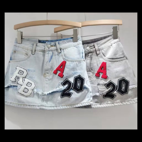 Women Fashion Letter Number Print Denim Skirt