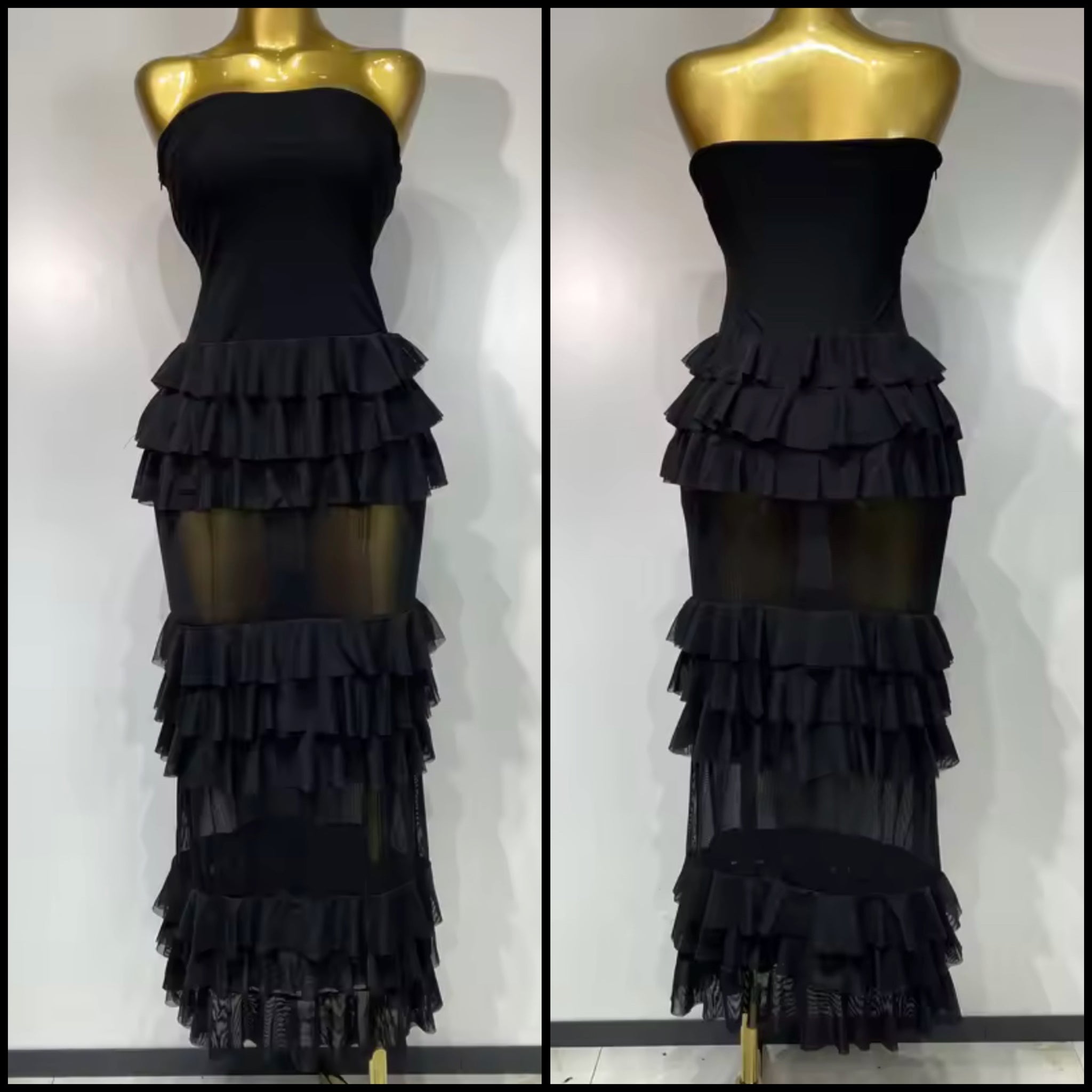 Women Black Strapless Sexy Ruffled Mesh Maxi Dress