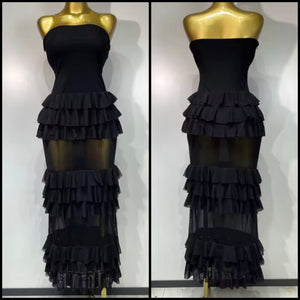 Women Black Strapless Sexy Ruffled Mesh Maxi Dress