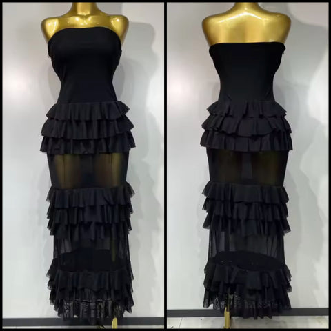 Women Black Strapless Sexy Ruffled Mesh Maxi Dress