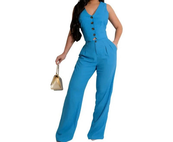 Women Fashion Button Up Two Piece Sleeveless Pant Set