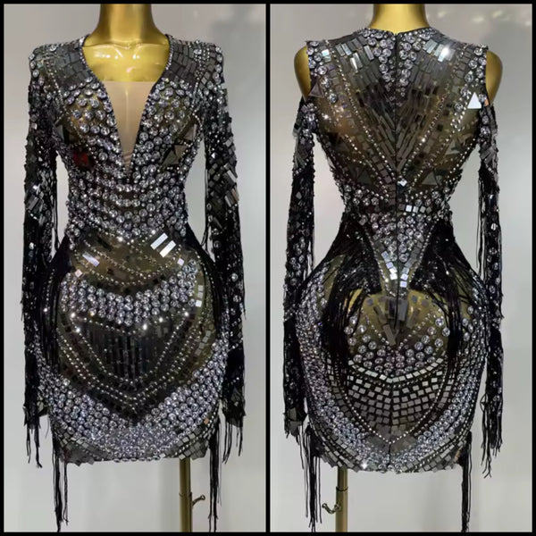 Women Sexy Beaded Rhinestone Mesh Full Sleeve Dress