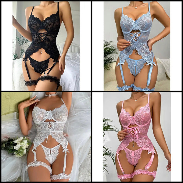 Women Sexy Solid Color Choker Lace Lingerie Set