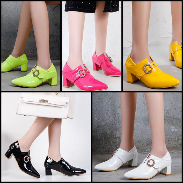 Women Color Fashion Pointed Toe Patent Leather Bling Buckled Shoes