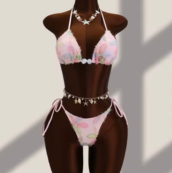 Women Sexy Floral Bikini Mesh Cover Up Set
