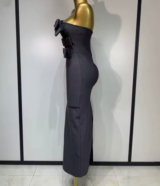Women Sexy Strapless Gray Bow Tie Maxi Dress